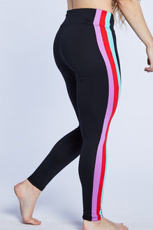 Women's High Waist, Full Length Leggings - Legging Line Black and Neon Green  Stripe